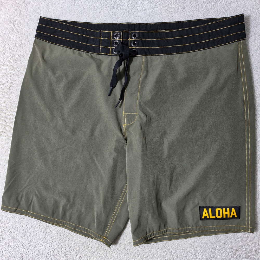 Birdwell Beach Britches Board Shorts Mens 38/8 Olive Green ALOHA Stretch‎